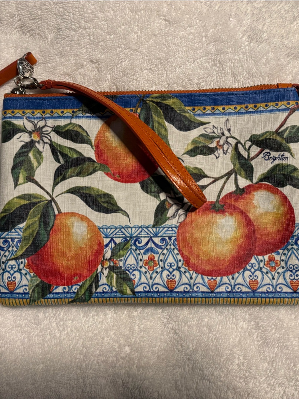 Brighton Orange Peach Print Wristlet with Blue Trim